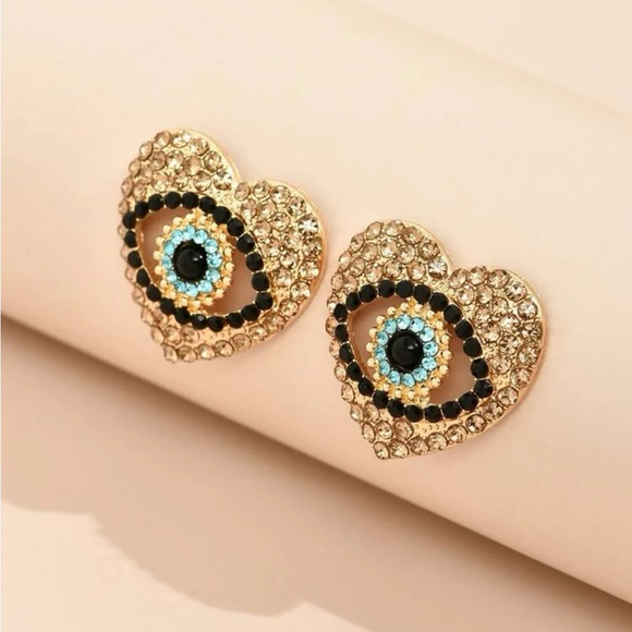 Gold Heart Rhinestone Evil Eye Earrings - Picture 2 of 3